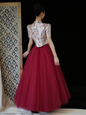 "Mei Xue Gauze Dress Set" Bridal Red Engagement Dress Cheongsam Xiuhe Dress - Yandan_Hanfu