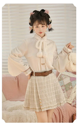 Pink Modern Hanfu-Inspired Outfit – New Chinese Top & Midi Skirt Set for Autumn/Winter - Yandan_Hanfu