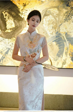 Golden Tang Ode – Luxury Modern Cheongsam | Artisanal Brocade & Couture Detailing - Yandan_Hanfu