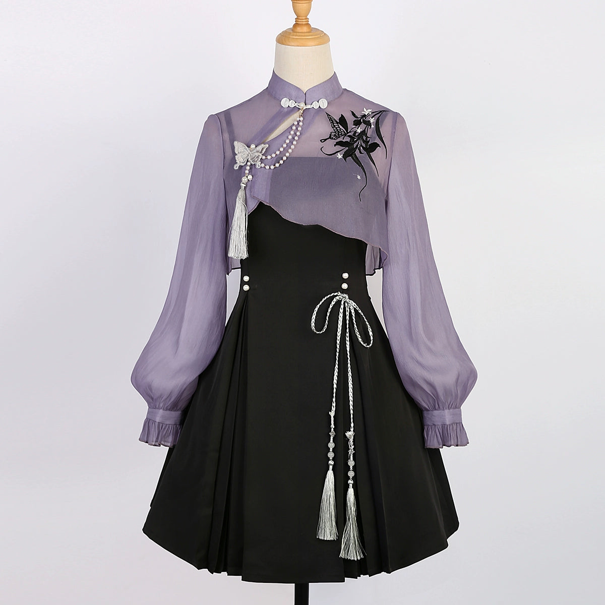 Iris ink butterfly girl exquisite fringed Han element sweet purple cheongsam fairy dress