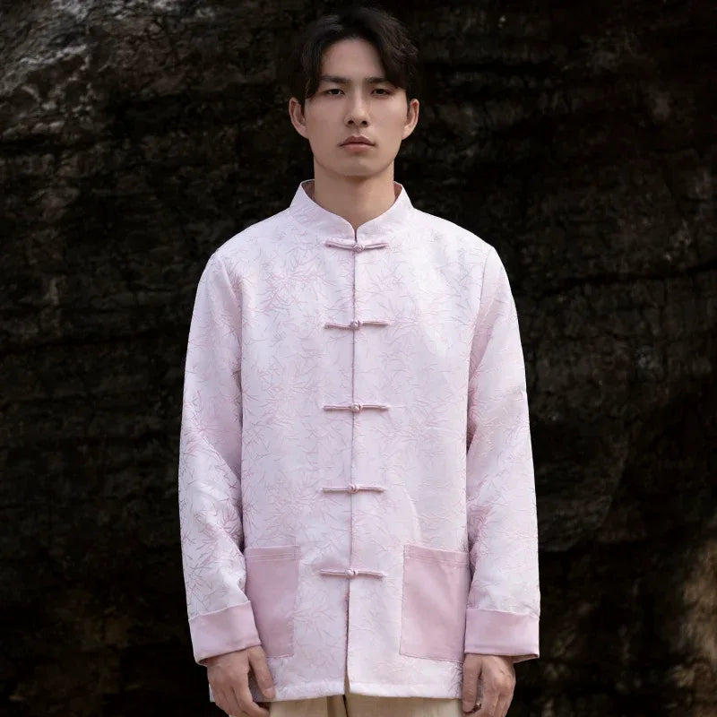New Chinese style jacquard disc button top men's Tang suit【Pink&White】 - Yandan_Hanfu