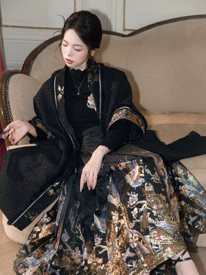Spring Mountain Dragon – New Chinese Style Hanfu Set | Brocade Ma Mian Skirt with Embroidered Cape and Floral Gold Weave - Yandan_Hanfu
