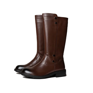 Black Tibetan leather boots side view with tall shaft and low heel