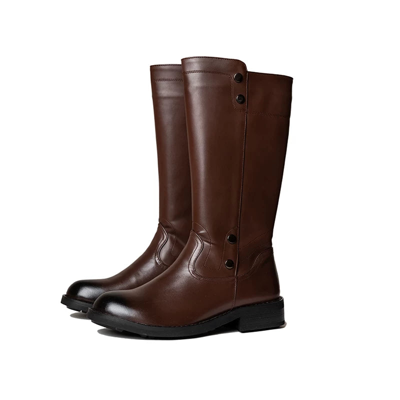 Black Tibetan leather boots side view with tall shaft and low heel