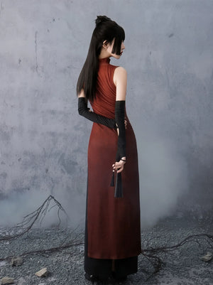 Scarlet Orchid – High-Slit Qipao Dress | Red Mandarin Collar New Chinese Style Slim Fit Gown - Yandan_Hanfu