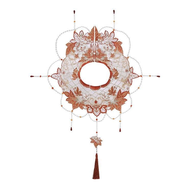 Ornate detachable cloud shoulder accessory with floral embroidery and beads, part of the Maple Leaf Hanfu set.