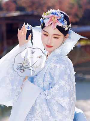White&Blue Hanbok Palace Style Dress – Luxury Korean Bridal & Photography Outfit for Autumn/Winter - Yandan_Hanfu