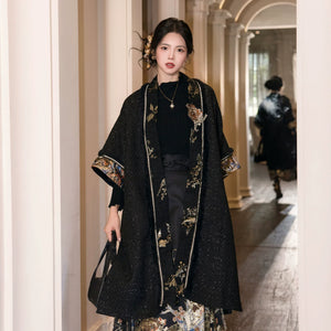 Spring Mountain Dragon – New Chinese Style Hanfu Set | Brocade Ma Mian Skirt with Embroidered Cape and Floral Gold Weave - Yandan_Hanfu
