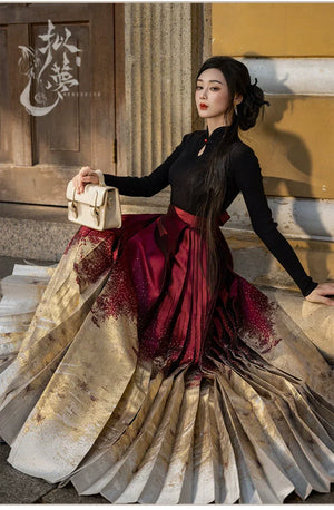 Lunar Spring River – Red Hanfu Maxi Skirt Set, New Chinese Style 6-Meter Hem Mamian Skirt with Knit Top & Wool Coat - Yandan_Hanfu