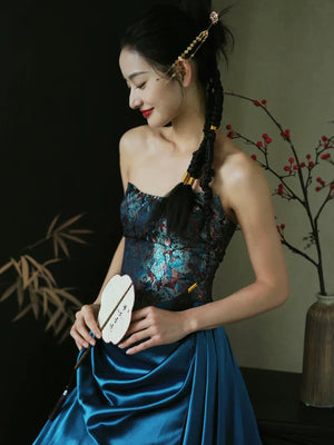 "Sparrow" Jacquard tube bride trailing wedding wedding dress toasting dress engagement - Yandan_Hanfu