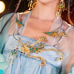 Song of the Peacock Plume – Gold-Plated Hanfu Headdress Set with Tassels & Crown Ornament - Yandan_Hanfu