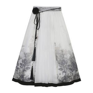 White pleated skirt with black floral print and tassel belt, part of New Chinese style spring and summer outfit set.