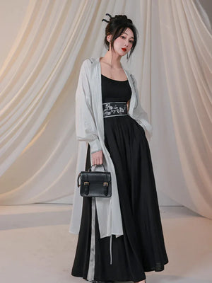 Plum blossom words, Chinese elements, new Chinese style, black and white, Kusa improved Song pants stand-up collar shirt, spring and summer men and women - Yandan_Hanfu