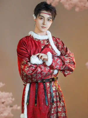 “First Dawn” – Warming Fur-Lined Tang Dynasty Robe | Gold Brocade New Year Edition (Unisex) - Yandan_Hanfu