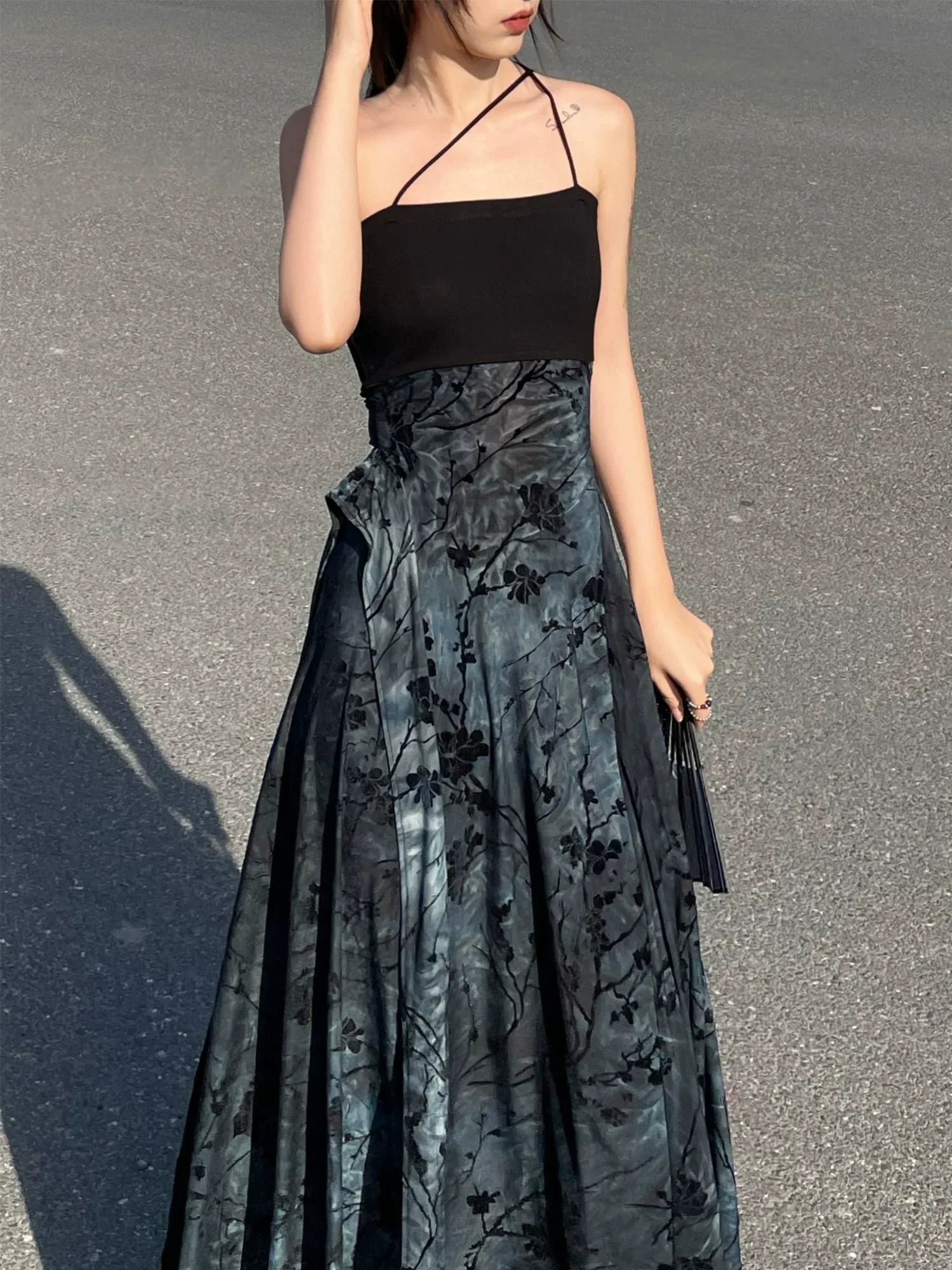 Ink Chinese Painting Plum Blossom Suspended Dress Vintage Long New Chinese Style Dress Zen Chinese Style Girl - Yandan_Hanfu