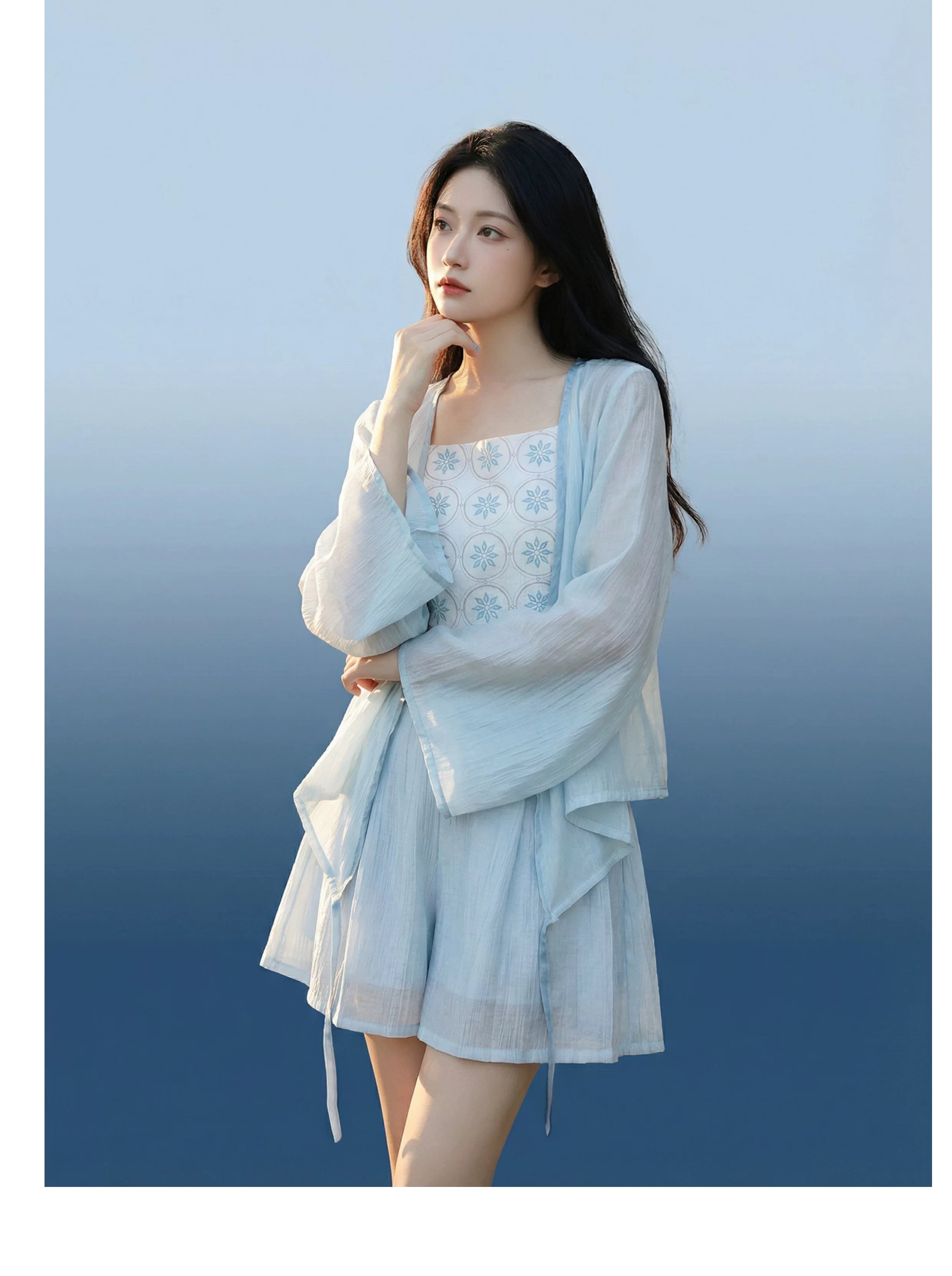 Tencel Set | Cross-Collar Top + Cami + Shorts | New Chinese Style Blue