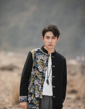 New Chinese style disc button top contrasting coat printing Tang suit men - Yandan_Hanfu