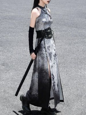 蛇魅 · Wasteland Gray Cheongsam – Split Hem, Off-Shoulder, New Chinese Style - Yandan_Hanfu