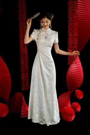 "Kite Butterfly" White Jacquard Cheongsam Bridal Toast Dress Engagement Dress - Yandan_Hanfu