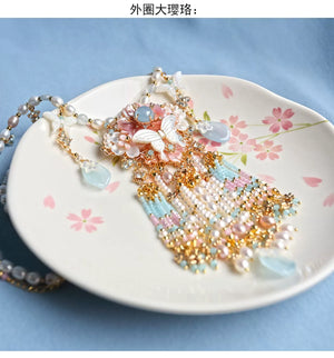 Butterfly Shell & Aquamarine Pearl Necklace – Hanfu Yingluo Accessory with Original Design - Yandan_Hanfu