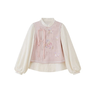 Silken Grace – Modern Hanfu Jacquard Dress Set | Stand-Collar Two-Piece Hanfu-Inspired Outfit with Midi Skirt - Yandan_Hanfu