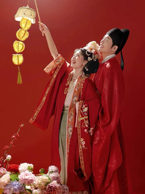 Red Song Dynasty Hanfu Chinese embroidery wedding clothes, happy marriage couple suit - Yandan_Hanfu