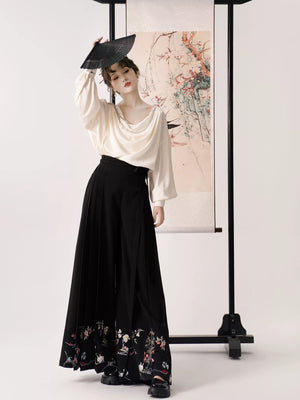 Whispers of Bloom – Floral Crane Set with Horse-Face Pants | Han-Inspired Spring-Autumn Wear - Yandan_Hanfu