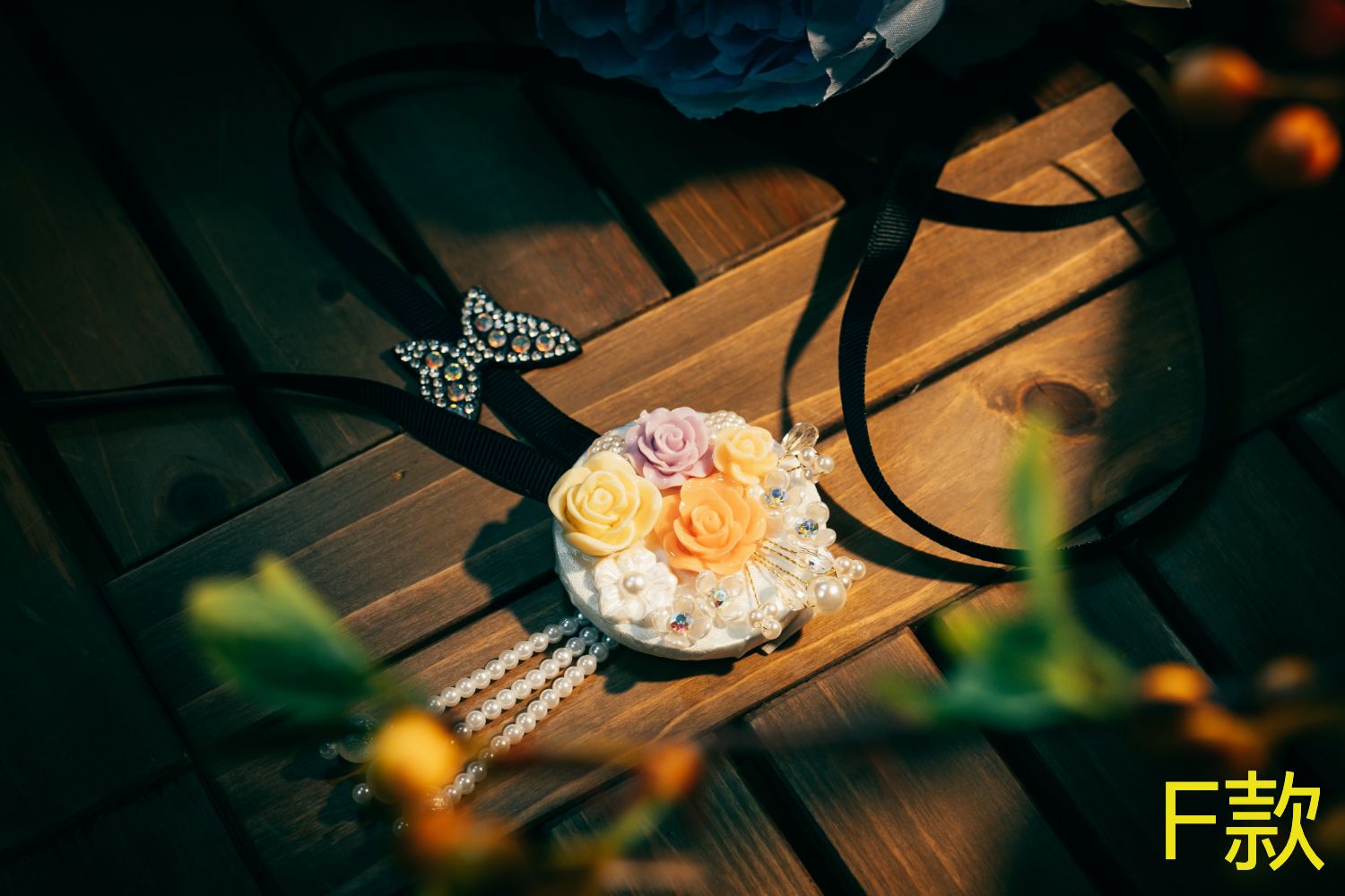 F-style Korean traditional headgear featuring multicolored roses and pearls, designed for hanbok and festive occasions.