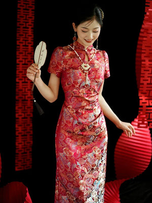 Yue Xi – Red Embroidered Jacquard Qipao for Wedding, Engagement & Tea Ceremony - Yandan_Hanfu