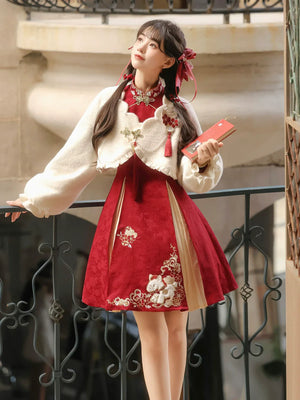 “Lucky Pony” – Red New-Year Hanfu Qipao Set | Modern Chinese Festive Outfit (Autumn/Winter) - Yandan_Hanfu