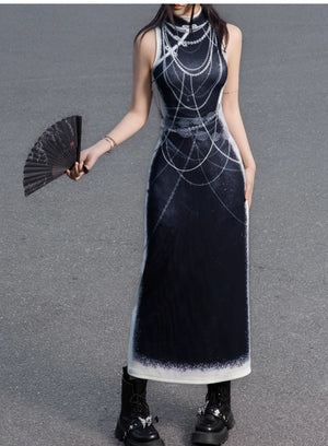 Black&white pearl knitted printed cheongsam new Chinese Y2K Spice Girl sleeveless cheongsam dress - Yandan_Hanfu