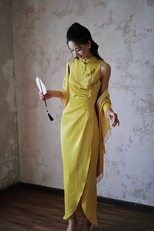 "Autumn Rhyme" Yellow Dark Pattern Cheongsam Shawl Bridal Wedding Dress Toast Dress - Yandan_Hanfu