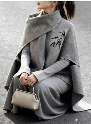 Grey Wool Cape Set – Short Cloak Jacket & Knit Dress | Soft Relaxed Fit - Yandan_Hanfu