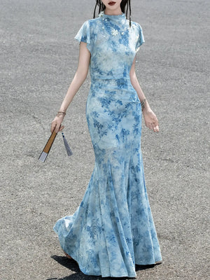 Azure Porcelain – Blue Velvet Mermaid Dress | New Chinese Style Gown with Sheer Mesh and French Elegance - Yandan_Hanfu
