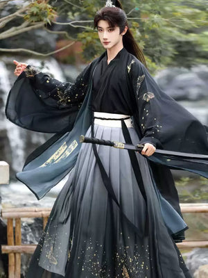 Golden Steps – Ink Bamboo & Butterfly Traditional Hanfu | Unisex Wei-Jin & Song Style Cross-Collar Wide-Sleeve Set - Yandan_Hanfu