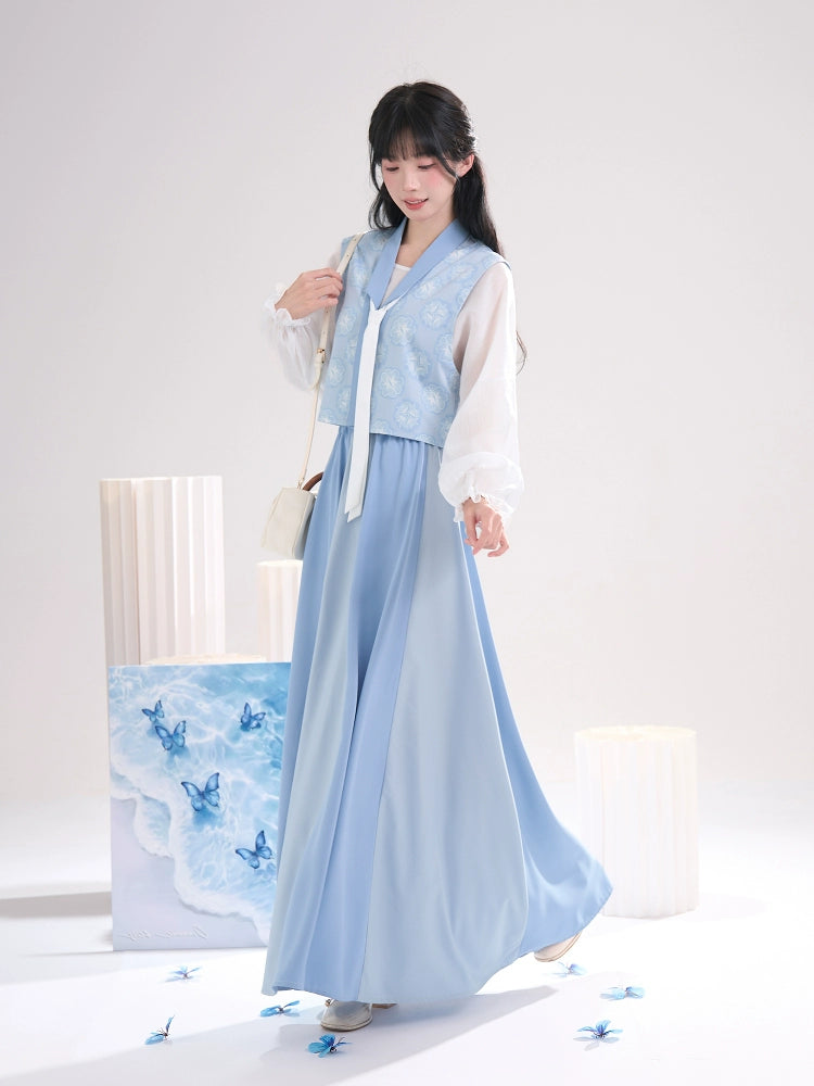 Sea Salt Sky Blue – Elegant Tang-Inspired Modern Hanfu with Long-Sleeve Top & Flowing Skirt