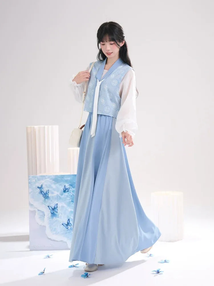 Sea Salt Sky Blue – Elegant Tang-Inspired Modern Hanfu with Long-Sleeve Top & Flowing Skirt - Yandan_Hanfu