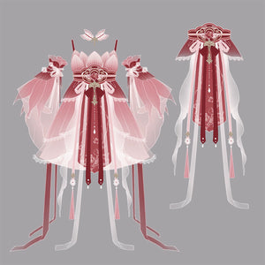 Design layout of Red Hanfu Dress New Chinese Feather Rust Waist Seal Suspender Skirt showing front and back views with detailed accessories.