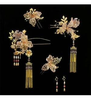 Blush Pink Chinese Bridal Hairpin Set – Handmade Floral Headpiece for Hanfu & Qipao Wedding Look - Yandan_Hanfu