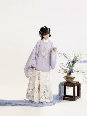“Moonlit Blossom” Ming-Style Hanfu for Women – Embroidered Round-Collar Top & Mamian Skirt, Autumn/Winter - Yandan_Hanfu