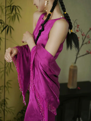 "Rose Hairpin" Dragon Fruit Color Piece Cheongsam Bridal Wedding Dress Engagement - Yandan_Hanfu