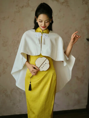 "Autumn Rhyme" Yellow Dark Pattern Cheongsam Shawl Bridal Wedding Dress Toast Dress - Yandan_Hanfu