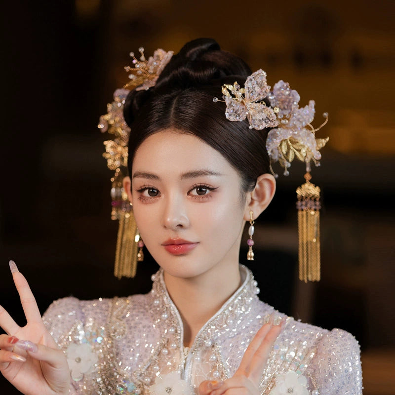 Blush Pink Chinese Bridal Hairpin Set – Handmade Floral Headpiece for Hanfu & Qipao Wedding Look