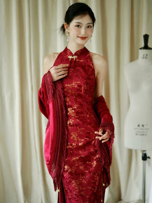 "Jubilee Bell" Red Cheongsam Shawl Bridal Toast Engagement Dress - Yandan_Hanfu