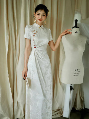"Kite Butterfly" White Jacquard Cheongsam Bridal Toast Dress Engagement Dress - Yandan_Hanfu