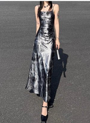 Glossy gray and silver new Chinese atmosphere Spice girl suspender dress Hot silver temperament long dress women - Yandan_Hanfu