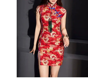 Grandiose contrasting color printed dragon totem cheongsam skirt - Yandan_Hanfu