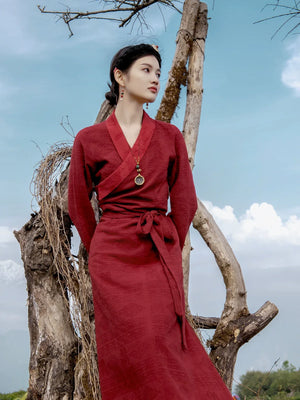 “Red Grace” – Tibetan-Inspired New Chinese Dress | Elegant Red Himalayan Style - Yandan_Hanfu