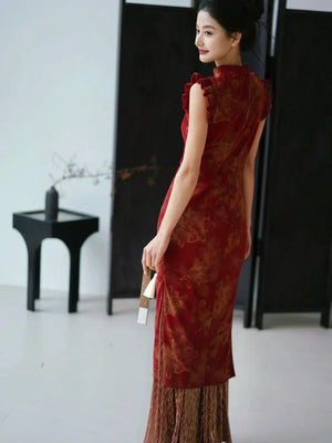 Lotus Step – Red Mermaid Qipao for Wedding, Engagement & Tea Ceremony - Yandan_Hanfu