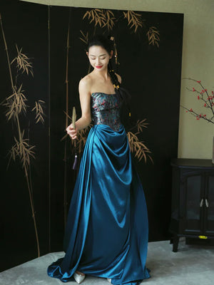 "Sparrow" Jacquard tube bride trailing wedding wedding dress toasting dress engagement - Yandan_Hanfu
